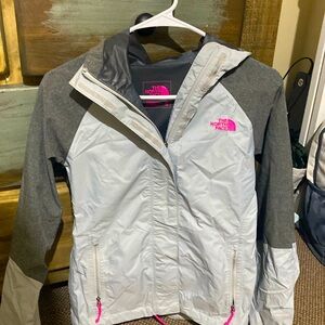 XS Light gray, dark gray and pink zip up rain jacket in great condition.